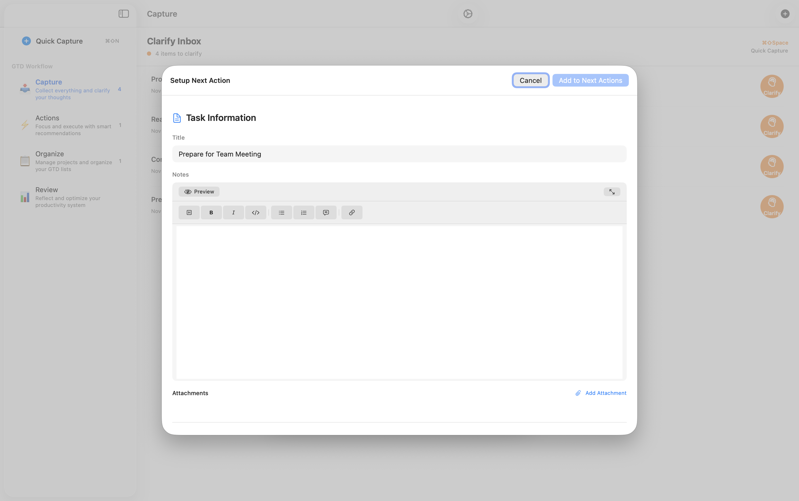 Mac Next Action with Markdown Editor